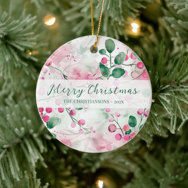 Elegant Pink Berries Floral Christmas Ceramic Tree Decoration (Tree)