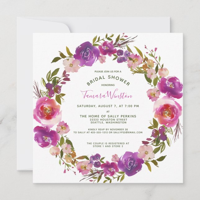Elegant Pink Berry Purple Floral Bridal Shower Invitation (Front)