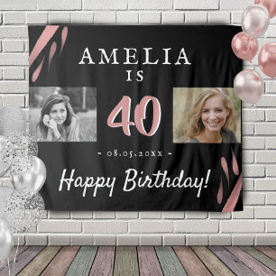 Elegant Pink Black 40th Birthday 2 Photo Backdrop Tapestry
