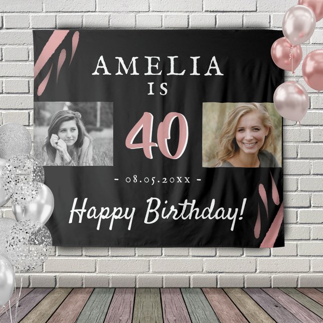 Elegant Pink Black 40th Birthday 2 Photo Backdrop Tapestry (Creator Uploaded)