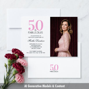 Elegant Pink Black 50 and Fabulous Birthday Photo Invitation