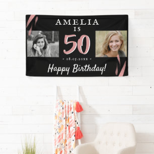 Elegant Pink Black 50th Birthday 2 Photo Backdrop Banner