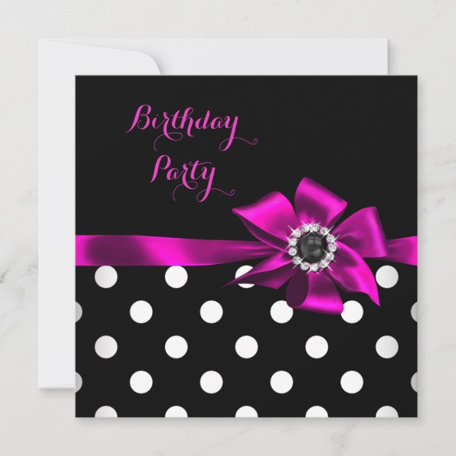 Elegant Pink Black Bow Polka Dots Birthday Party Invitation (Front)