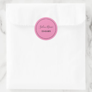 Elegant Pink Black Business Salon Name & Number Classic Round Sticker