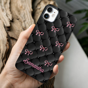 Elegant pink black coquette bows pattern monogram iPhone 16 case