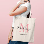 Elegant Pink Black Custom Wedding Bridesmaid Name Tote Bag<br><div class="desc">Elegant custom wedding tote bag features a personalised monogram typography design with modern calligraphy script name and serif monogram initial in bright pink and black colours. Includes custom text for a bridal party title like "BRIDESMAID" or other preferred wording.</div>