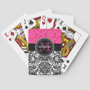Elegant Pink Black Damask Personalised Playing Cards