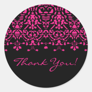 Elegant Pink & Black Damask Thank You Sticker
