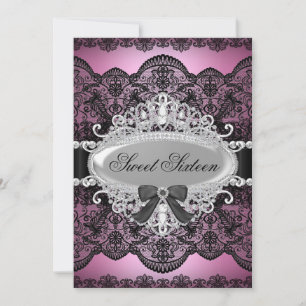 Elegant Pink & Black Diamond Lace Sweet 16 Invite