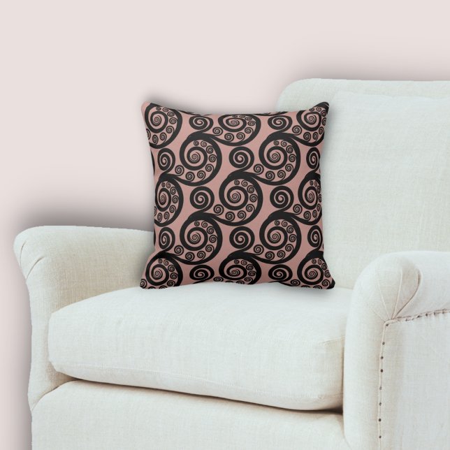 Elegant Pink & Black Fern Frond Curls Pattern Cushion (Elegant Pink & Black Fern Frond Curls Pattern Throw Pillow, Living & Home)
