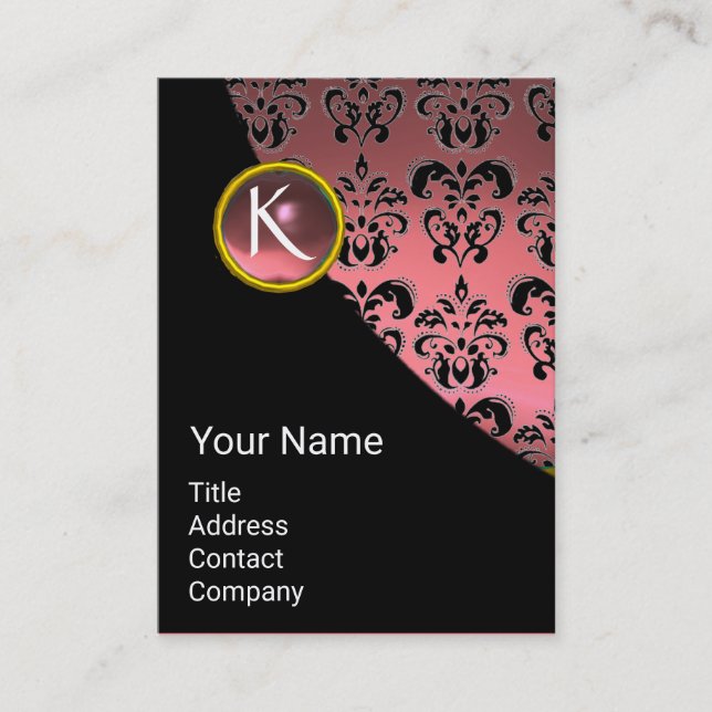 ELEGANT PINK BLACK GOLD DAMASK GEMSTONE MONOGRAM BUSINESS CARD (Front)
