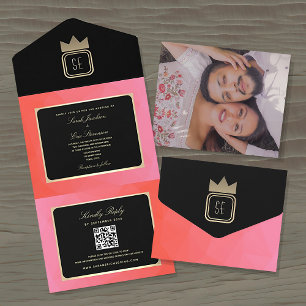 Elegant Pink Black Gold Monogram Wedding Invite