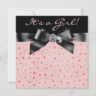 Elegant Pink Black Hearts Baby Girl Shower Invitation