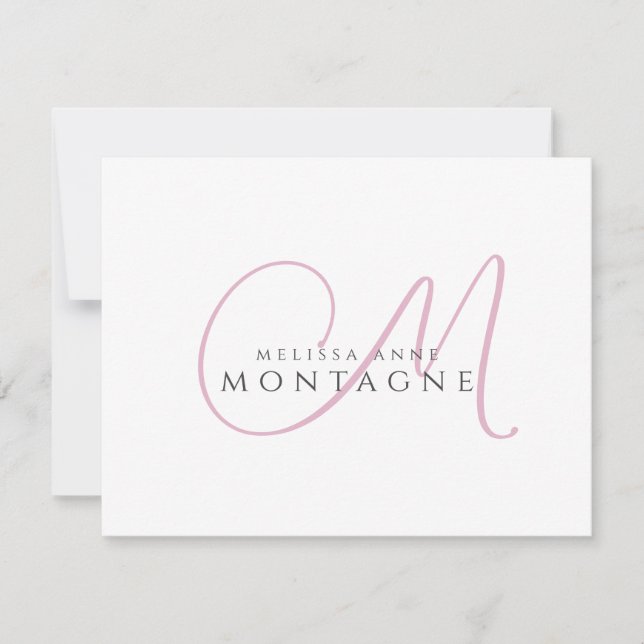 Elegant Pink Black Monogram Flat Note Card (Front)