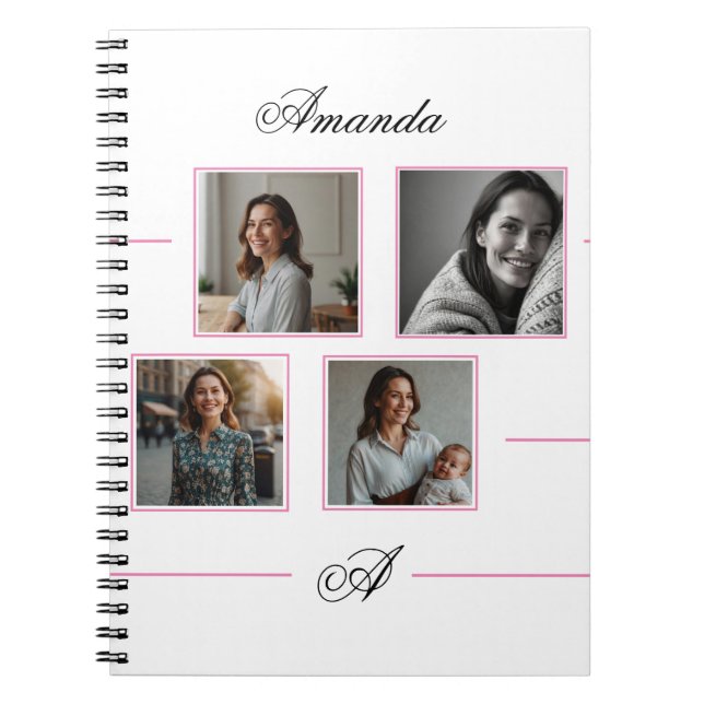 Elegant Pink & Black Monogram Photo Collage Mum Notebook (Front)