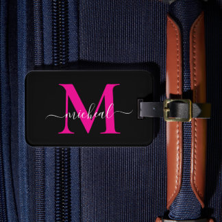 Elegant Pink & Black Monogram Script Name Luggage Tag