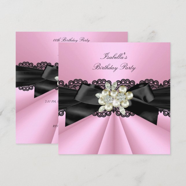 Elegant Pink Black Pearl Jewel Birthday Party Invitation (Front/Back)
