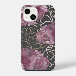 Elegant Pink & Black Peony Floral Pattern iPhone 14 Case