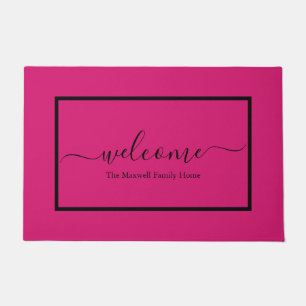Elegant pink black script family name welcome doormat