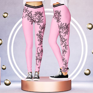 Elegant Pink & Black Victorian Floral Lace Classy  Leggings