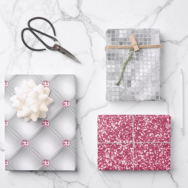 Elegant Pink Bling Silver Glitter Gift Wrapping Paper Sheet (Front)