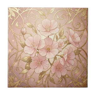 Elegant Pink Blossom Gold Frame Tile