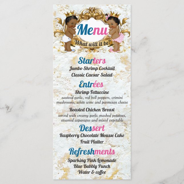 Elegant Pink|Blue African Gender Reveal Photo Menu (Front)