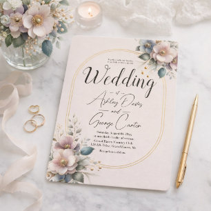 Elegant pink, blue, and cream floral wedding invitation
