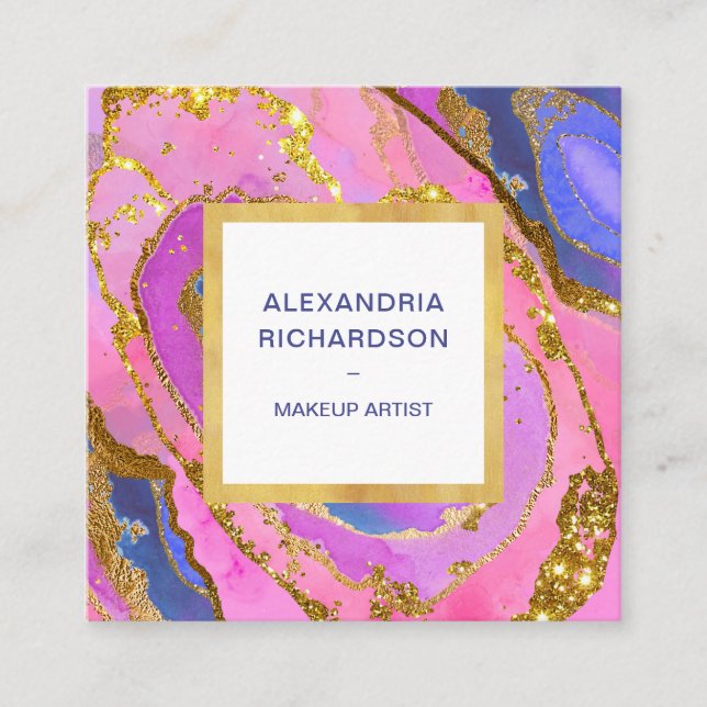 Elegant Pink Blue and Gold Geode Square Business Card (Front)