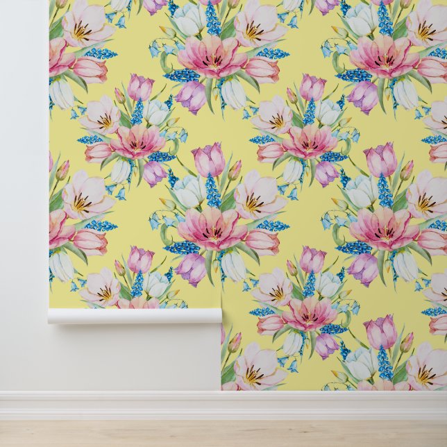 Elegant Pink, Blue and Yellow Floral Pattern Wallpaper (Application)