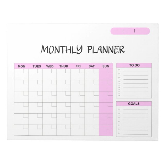 Elegant Pink Blue Blank Monthly Calendar Planner  Notepad (Front)