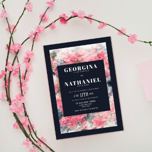 Elegant Pink Blue Cherry Blossom Floral Wedding Invitation