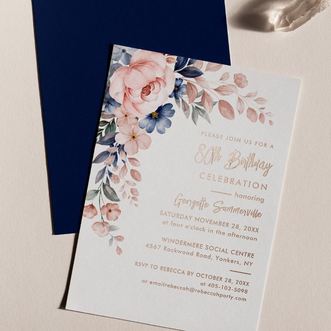 Elegant Pink Blue Floral 80th Birthday Party Gold (Floral Pink Watercolor 80th Birthday Party Script Invitation)