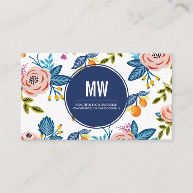 Elegant Pink & Blue Floral Business Card (Front)