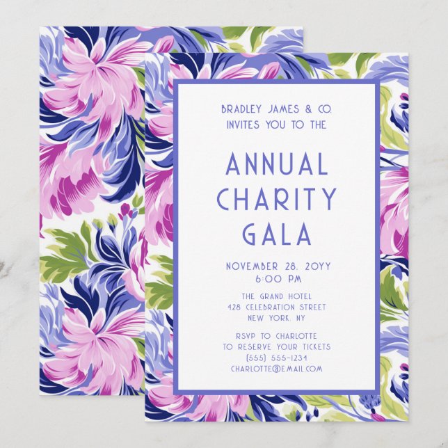 Elegant Pink Blue Floral Charity Event Gala Party Invitation (Front/Back)