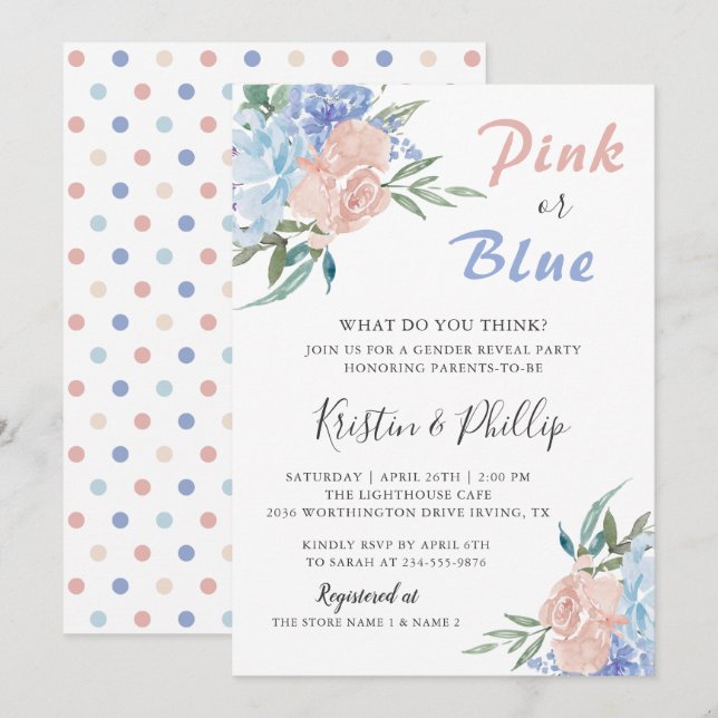 Elegant Pink Blue Floral Gender Reveal Baby shower Invitation (Front/Back)