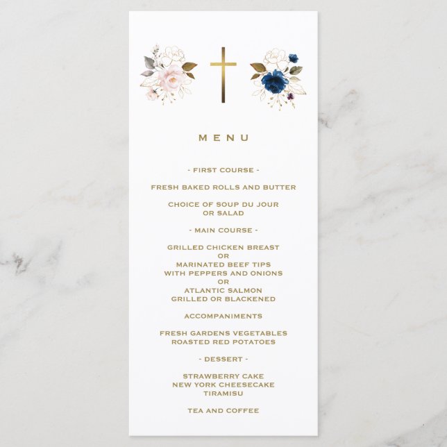 Elegant Pink Blue Floral Gold Cross Twins Baptism  Menu (Front)