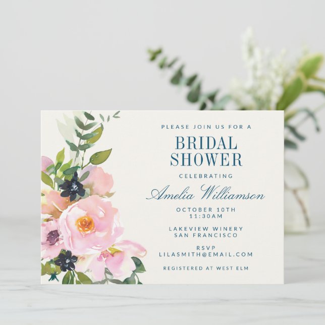 Elegant Pink Blue Floral Watercolor Bridal Shower  Invitation (Standing Front)