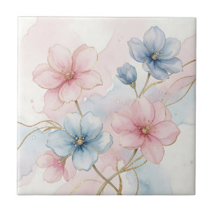 Elegant Pink Blue Floral Watercolor Tile