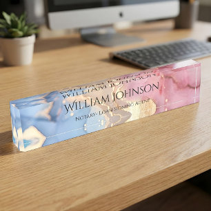 Elegant Pink Blue Gold Alcohol Ink Custom Office Nameplate