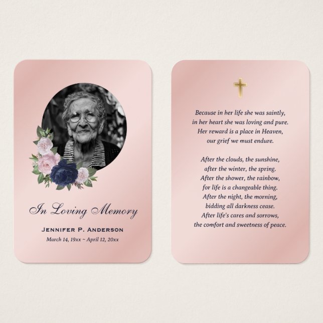 Elegant Pink Blue Gold Floral Memorial Cards (Front & Back)