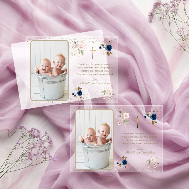 Elegant Pink Blue Gold Floral Twins Photo Baptism Acrylic Invitations (Creator Uploaded)