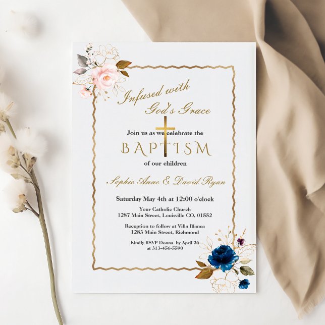 Elegant Pink Blue Gold Flowers Twins Baptism Invitation (Creator Uploaded)
