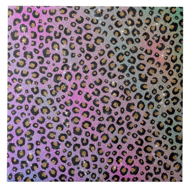 Elegant Pink Blue Gold Glitter Black Leopard Print Tile (Front)