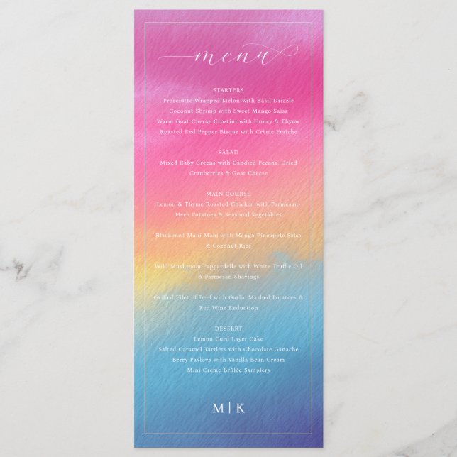 Elegant Pink Blue Gradient Wedding Menu (Front)