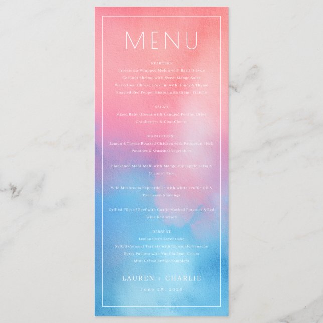 Elegant Pink Blue Gradient Wedding Menu (Front)
