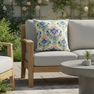 Elegant Pink Blue Green Damask Indoor Outdoor Cushion