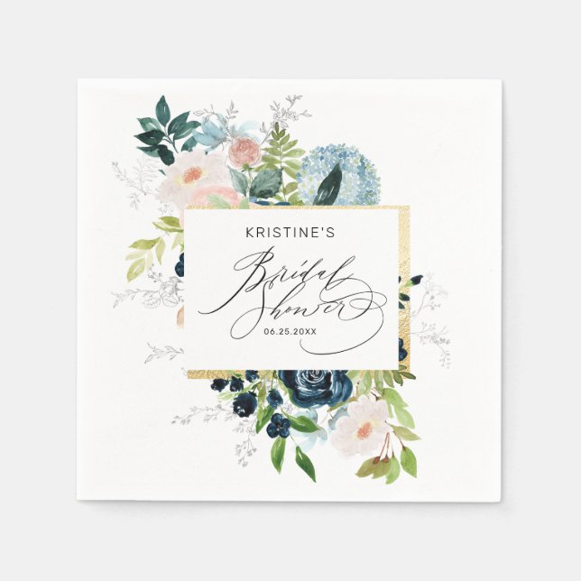 Elegant Pink Blue Rose Watercolor Bridal Shower Napkin (Front)