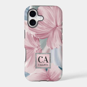 Elegant Pink Blue Silver Floral Glitter Monogram