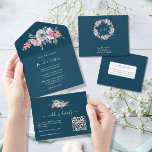 Elegant Pink Blue Watercolor Floral Wedding All In One Invitation